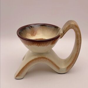 Vintage, Abstract Ceramic Handled Candleholder, Beige/Brown, 4.5” L, 3.25 H